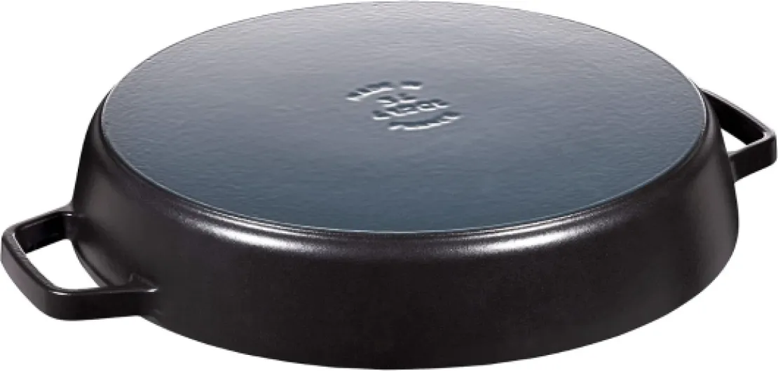 Poêle en Fonte à Double Poignée, Ronde, Ø 34 cm, Noir Mat