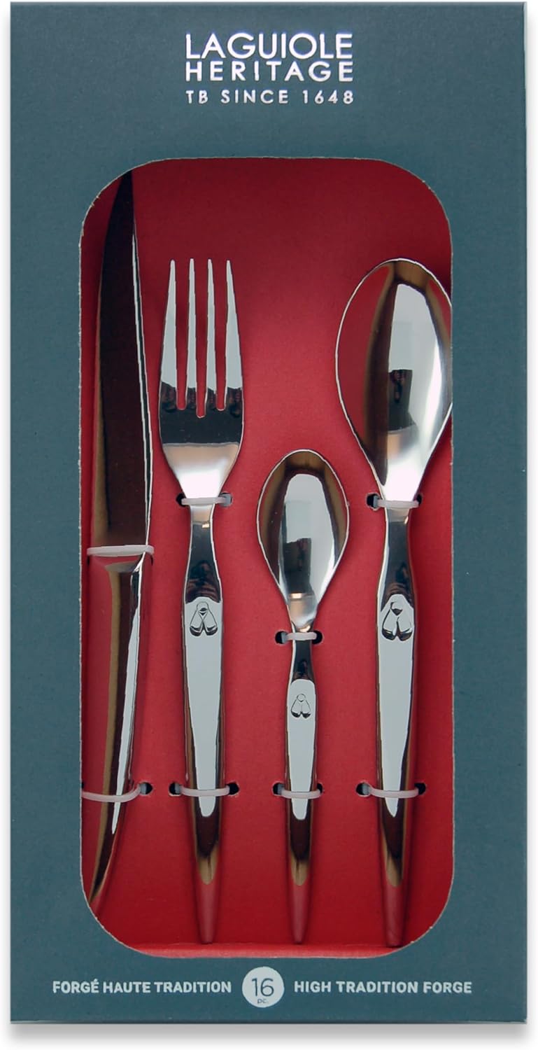 Laguiole Production - Ménagère 16 pièces Design - Set de couverts de table acier inox forgés massif 18/0 poli miroir - Pour 4 personnes - Présentation coffret cadeau, Argenté Unique