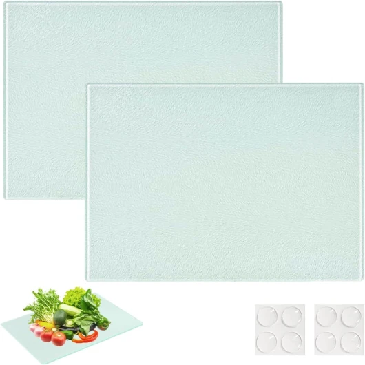 2 planches à découper en verre 28 x 20 cm – trempé avec pieds antidérapants – Résistante à la chaleur, hygiénique et anti-rayures – Planche à découper en verre pour cuisine et plan de travail