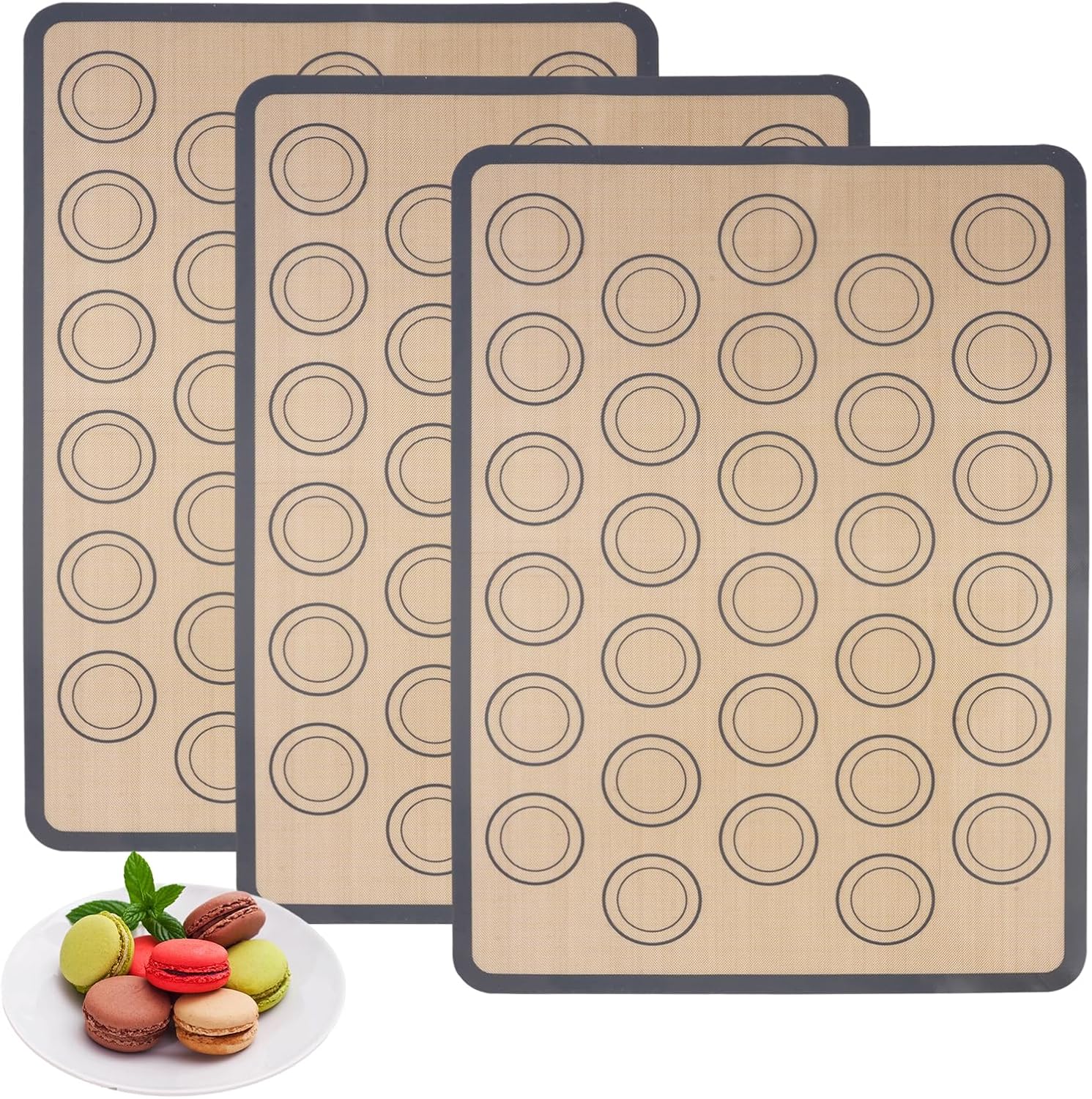 3 Pièces Tapis Macarons Patisserie, 42x29,5 cm, Tapis de Cuisson en Silicone pour Macarons en Fibre de Verre avec 30 Anneaux de Guidage, Sans BPA, Antiadhésif Pour Biscuits, Desserts, Fudge