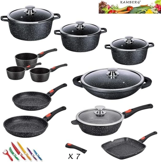 Set Lot Batterie de cuisine 29 pièces - Fonte d'aluminium - Revêtement pierre - Manche Amovible- Tous Feux dont Induction - Sans PFOA - 0008162, Noir Unique