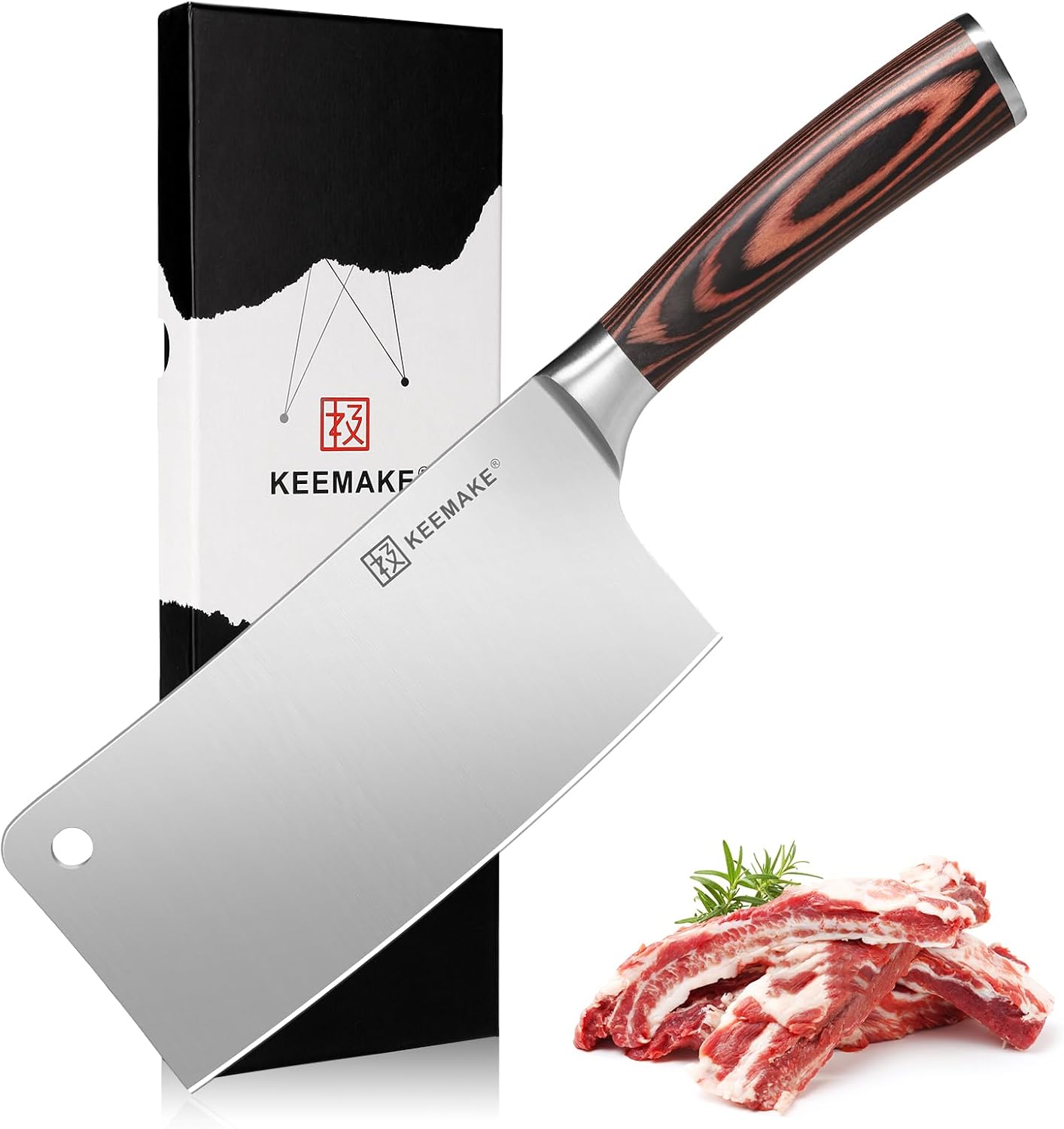 Couteau Cuisine Feuille de Boucher Professionnel 18 cm, Couperet Boucher en Acier Inoxydable, Couteau Hachoir Chef Chinois pour Viande Légume, Manche en Pakkawood