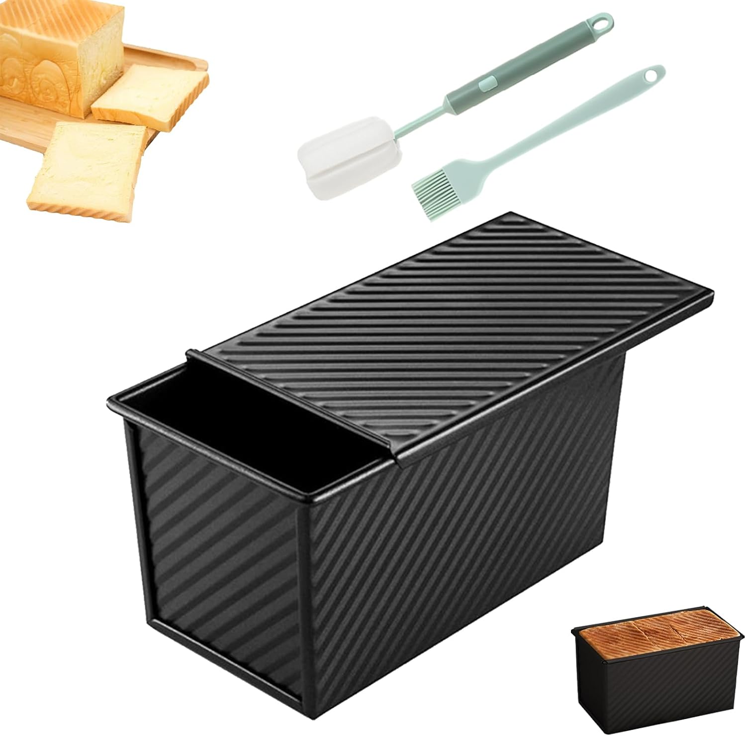 Moule a Pain de Mie, 450G Outils de Cuisson du Boulangerie de Mie, Plaque à Panificationà Porte Coulissante, avec Trous D'aération, Poêle à pain Antiadhésive, pour le Toasts et les Gâteaux, Noir Noir - 21,5x11,8x11,3 cm