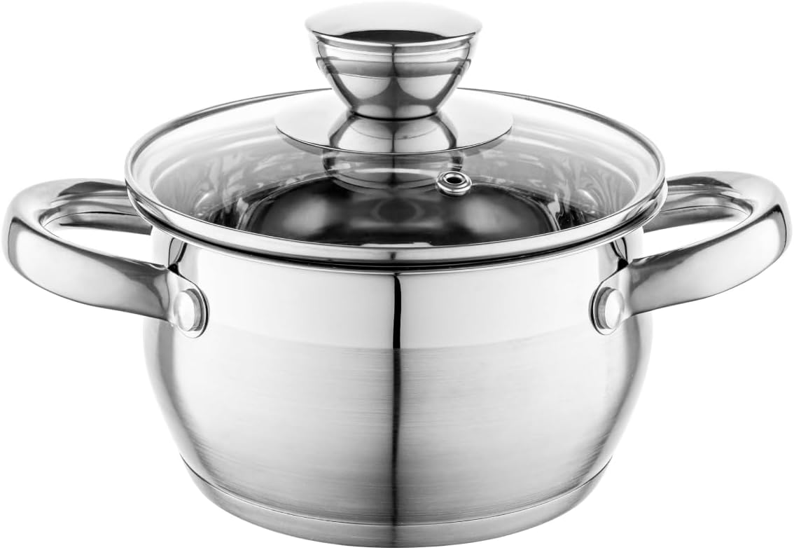 Faitout Inox (1,3 l) I Diamètre de 14 cm I Marmite Inox OLIVER I Casserole Acier Inoxydable avec Couvercle en Verre I Faitout pour Induction, Marmite tous Feux I Convient au Lave-vaisselle OLIVER 1,3L - 14 cm