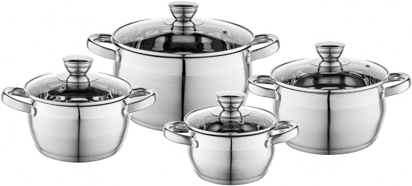 Ensemble de Casseroles OLIVER - Set 4 pièces - Acier inox 18/0 - Couvercles en verre trempé - Pour induction, gaz, électrique, céramique - Lave-vaisselle - Ensemble pratique et élégant 8 pièces Oliver
