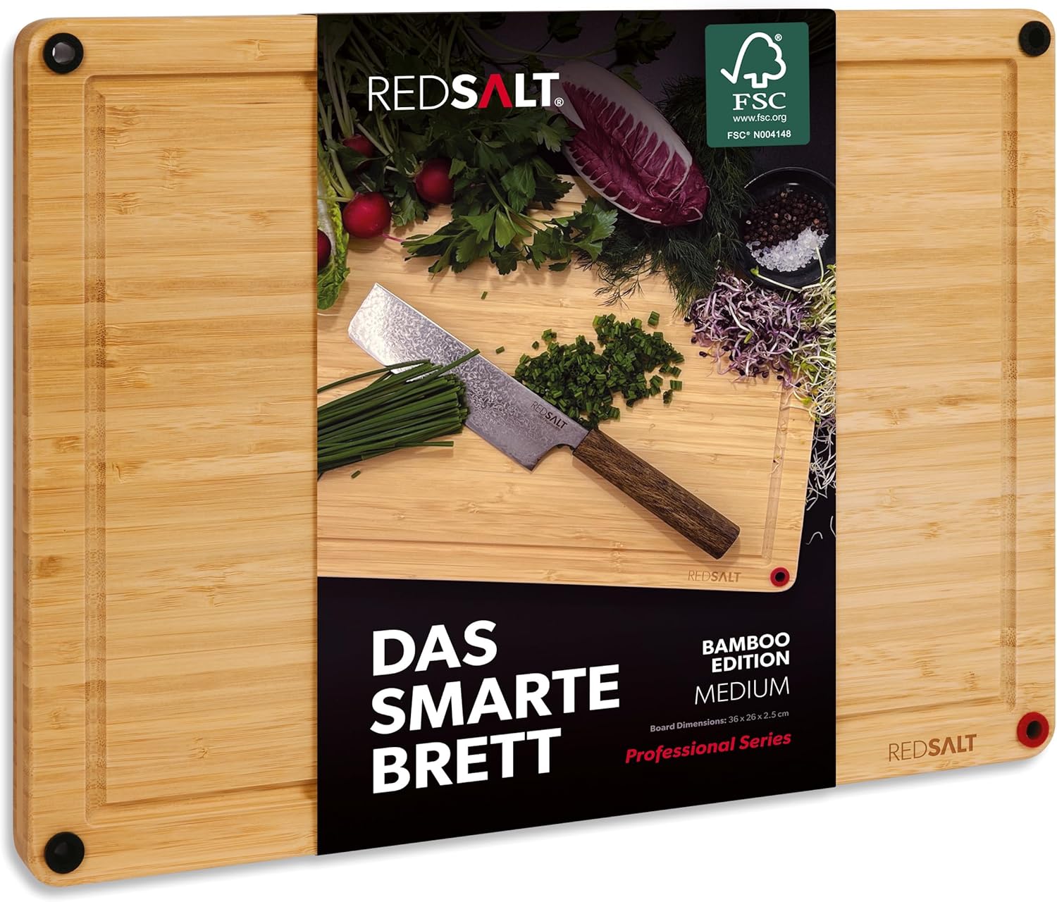 REDSALT® Grande planche à découper en bambou- M 36x26x2,5cm-Utilisable des deux côtés-Antidérapante-Rainure profonde-Planche en bois de qualité supérieure pour la cuisine et le barbecue-Cadeau durable 36L x 26l cm