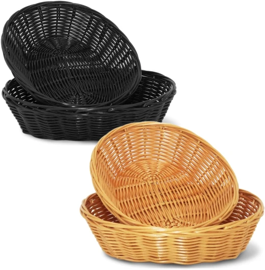Jomdjmskes 4 Pièces Panier en Osier, Corbeille a Pain, Panier à Pain, Panier Osier Rond, Corbeilles à Pain Tressées en Rotin Présentation Tissé pour Nourriture, Fruits, Légumes, Marron et Noir