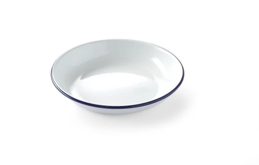 Assiette en acier émaillé blanc, avec bord bleu, récipient, plat rond, assiette creuse, ø180x(H) 30mm
