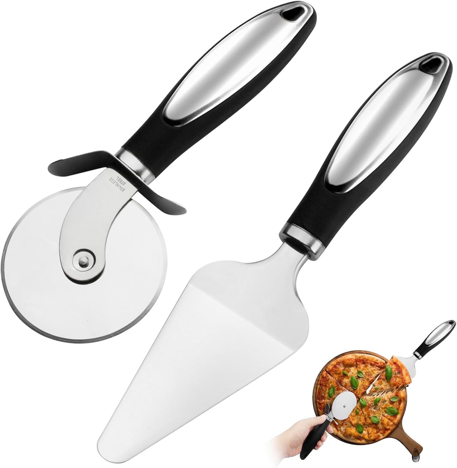 Roulette à pizza et pelle à gâteau 2 pièces - Poignée antidérapante, coupe-pizza tranchant en acier inoxydable, coupe-pizza de cuisine avec lame à bascule, lavable au lave-vaisselle