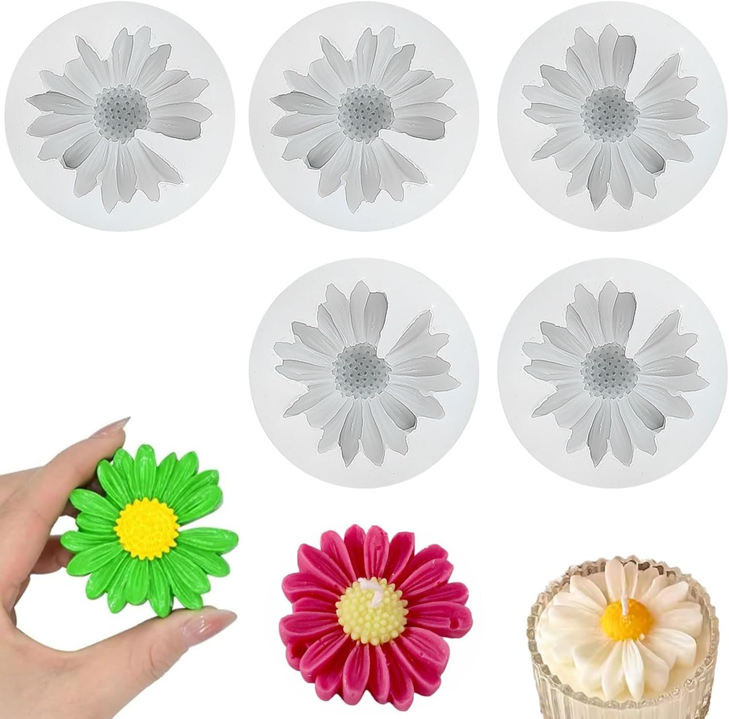 Lot de 5 moules en silicone en forme de fleurs, marguerites 3D, résistance à la température de -40 à 230 °C, outils de cuisson de cuisine, pour la fabrication de pâtisseries, bougies, savon, chocolat