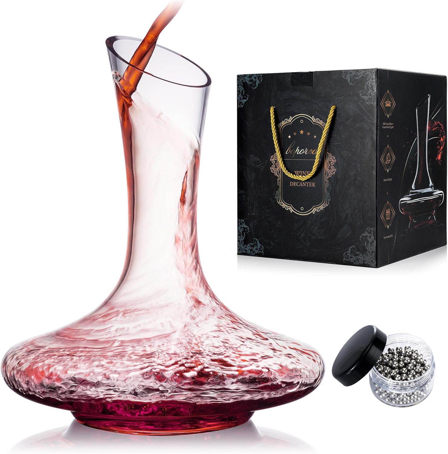 Carafe à Décanter, Carafe à Vin Rouge, Aérateur de Vin, Cristal Sans Plomb 100% Soufflé à la Main avec Perles de Nettoyage, Décanteur, Cadeau Emballage Luxe, Accessoires (1200ml)