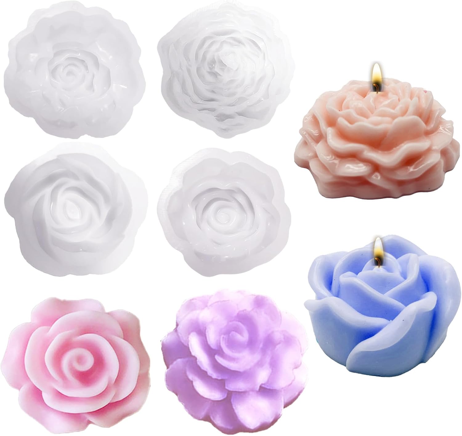 WYAHYQ 4Pièces Moule à bougie Moule en époxy Moule en silicone pour fleur de rose Moule à savon