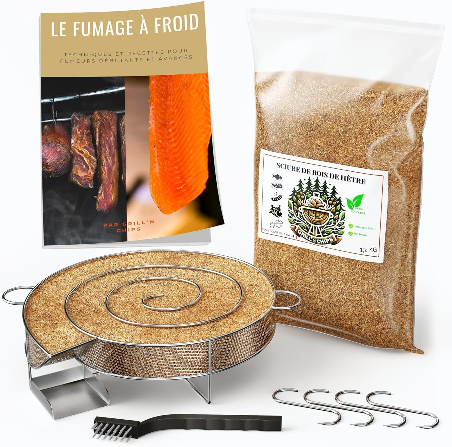 Générateur/Serpentin de Fumée Froide pour Fumoir Viande et Poisson + 1.2kg de Sciure de bois de hêtre + 4 crochets et 1 Brosse de nettoyage - Guide Numérique PDF à Télécharger (Offert)