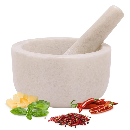 H&S Mortier Pilon Cuisine - Accessoire Cuisine en Marbre de 18 cm de Diamètre pour Broyage des Épices Guacamole Pesto Noix Mojito - Mortier et Pilon Concasseur a Grain Blanc Marbre blanc - 18cm