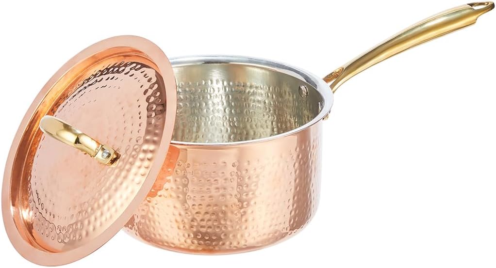 Copper Studio Signature Casserole en cuivre martelé à la main, doublure en étain non réactif, double poignées rivetées en bronze coulé, passe au four, sans PFAS, passe au gril jusqu'à 218 °C