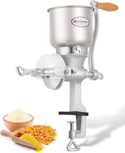Moulin à Céréales Manuel avec Grande Trémie de 13cm & Pince de Table 4cm, Finesse de Broyage Réglable, Broyeur à Grains en Fonte, pour Noix, Café, Céréales, Graines, Maïs, Épices