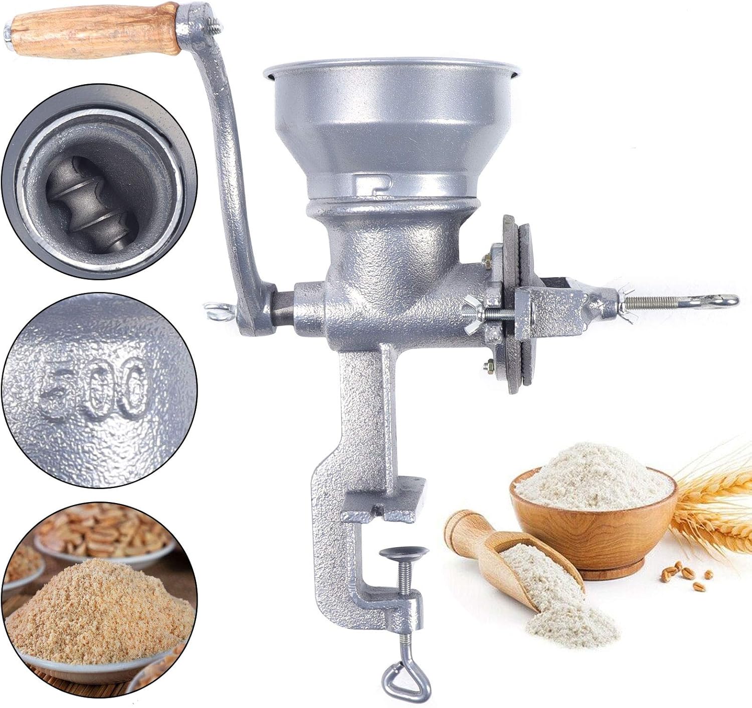 Moulin manuel pour aliments - Pour la cuisine, les céréales, les médicaments, les herbes, la farine, le broyeur en fonte - Avec ouverture de serrage - Pour le malt, le café, les épices, les noix, les