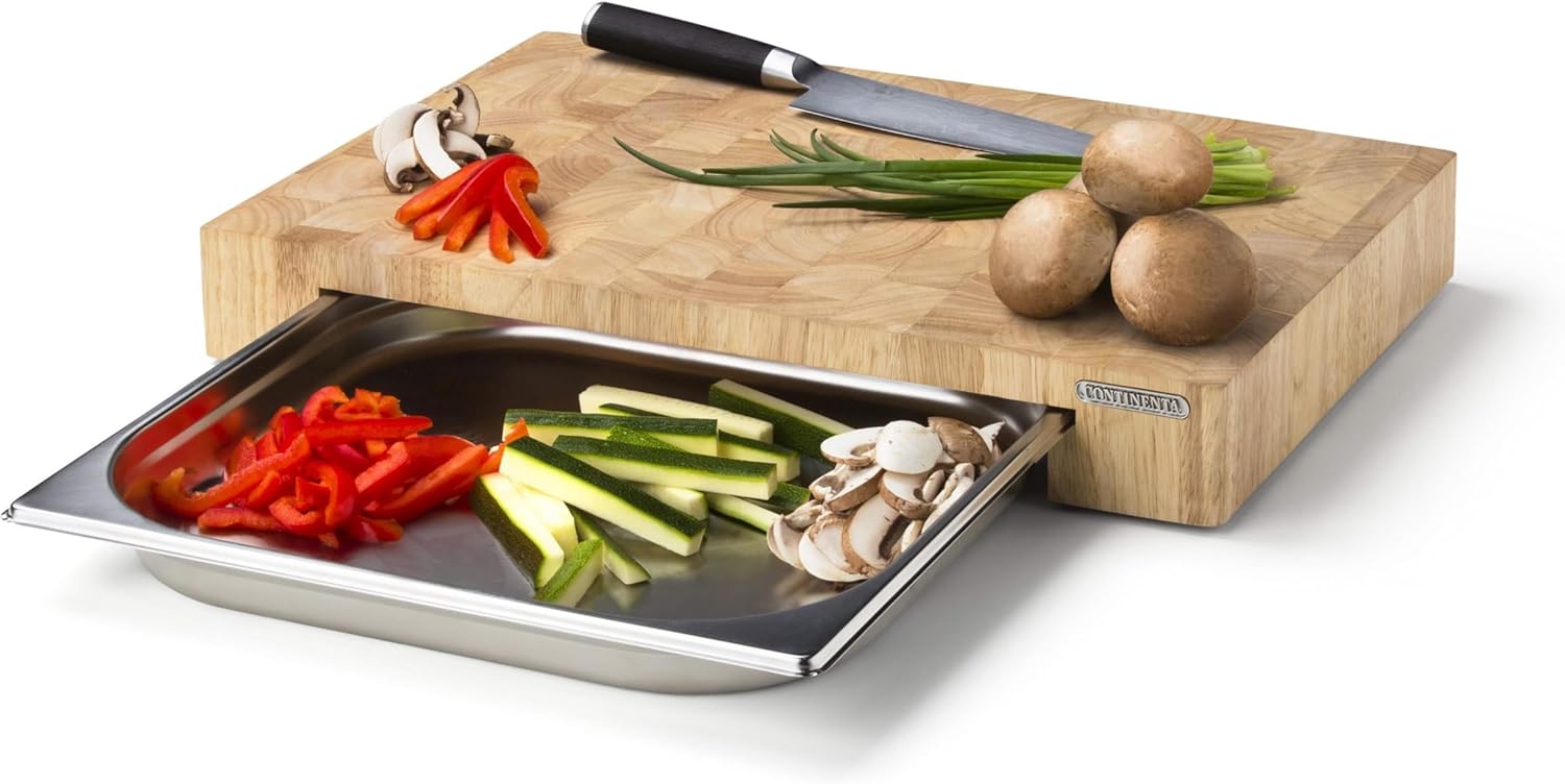 Continenta Planche à découper en hévéa Bois de Bout avec 1 tiroir (bac Gastro INOX) 48 x 32,5 x 6,5 cm 50L x 8l cm