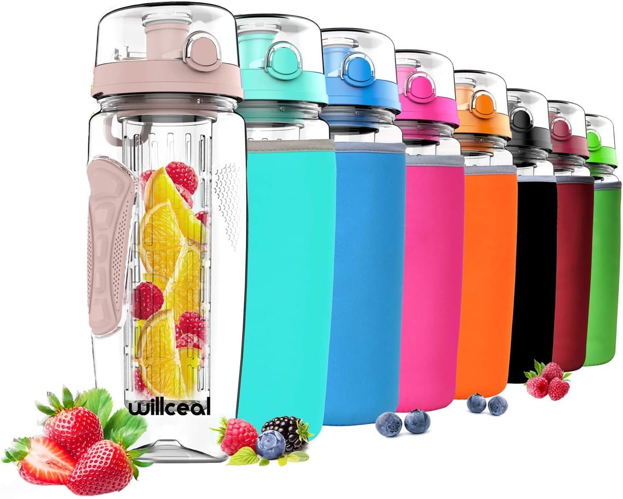 Willceal Bouteille d'eau avec infuseur à Fruits 0,95 l Fabriquée en Tritan sans BPA, Couvercle à Rabat, Anti-Fuite Convient pour Le Sports et Le Camping