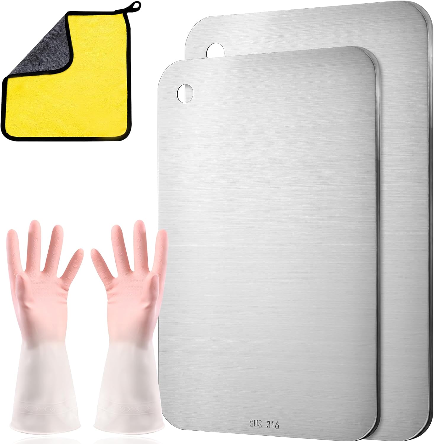 Set de Planches à Découper en Titane Inoxydable – Planche Découpe Cuisine Antibactérienne avec Chiffon & Gants, Planche Inox pour Viande Fruits Légumes, Multifonction 29 * 20 cm