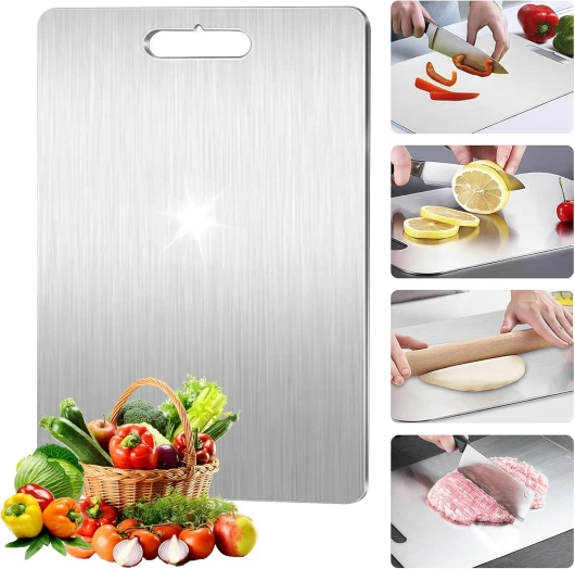 Planche à Découper en Titane, 316 Planche de à Decouper en Acier Inoxydable, Titanium Cutting Board Double Face pour Fruits, Viande (34 x 23 cm) 34x23cm