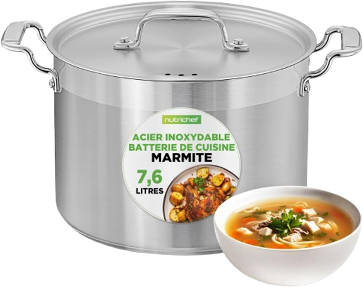 Marmite en Acier Inoxydable 8 L - Grande Marmite pour Ragoût, Soupe, Mijotage, Chauffe Uniforme, Résistante et Durable, Compatible Lave-Vaisselle, Induction, Céramique et Halogène 8 Litres