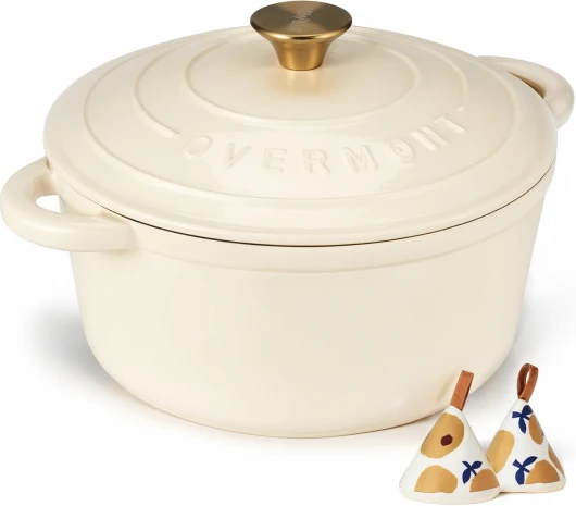 Cocotte en Fonte Émaillée - Ø26 cm Casserole Antiadhésive Avec Couvercle et Maniques en Coton - Batterie de Cuisine Robuste pour Braiser Ragoûts Rôtir Pain - Blanc crème 26cm-5.2L Blanc crème