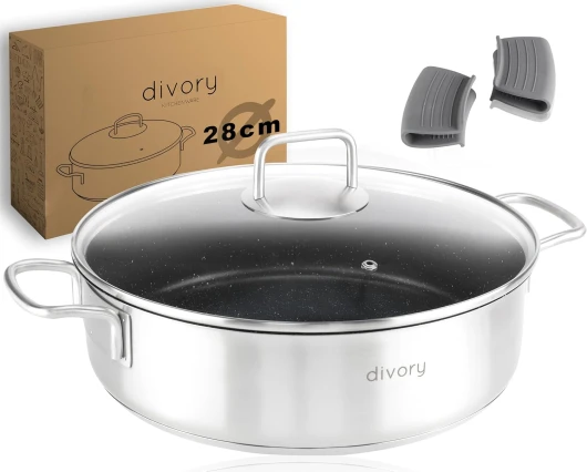 Poêle à frire en acier inoxydable 28cm ULTIME, induction, Poêle à servir avec couvercle 4,6l - Poêle revêtue résistant au four + protège-poêle, lavable au lave-vaisselle Ultime Poele a braiser 28 cm