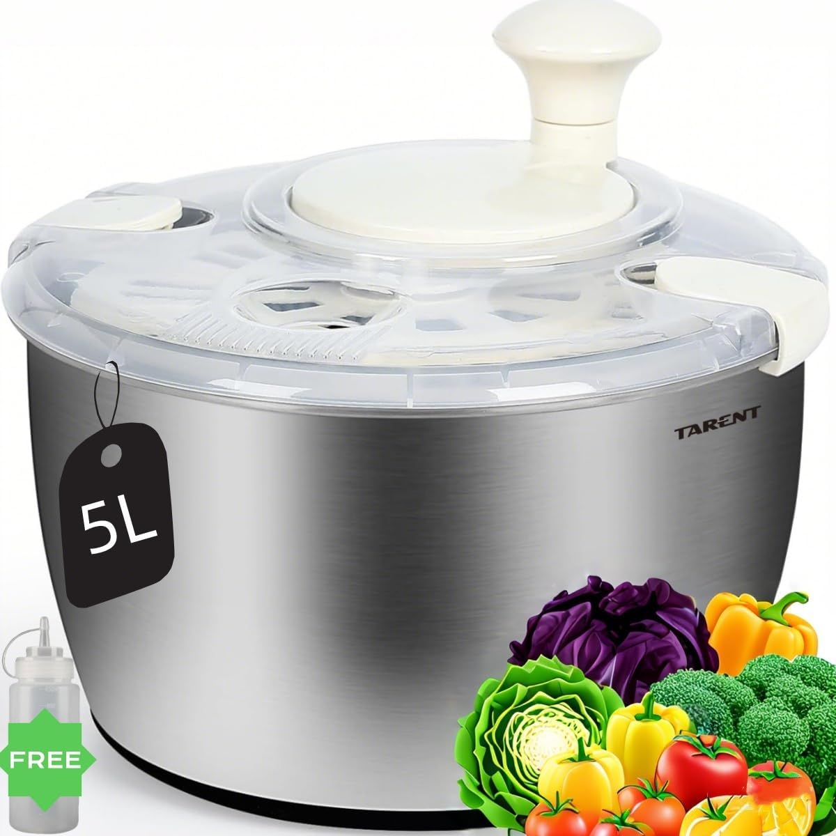 Essoreuse à Salade XXL en Acier Inoxydable de 5 l, avec et Bouteille Compressible – Passe au Lave-Vaisselle – Essoreuse à Salade idéale pour Laver et sécher la Salade