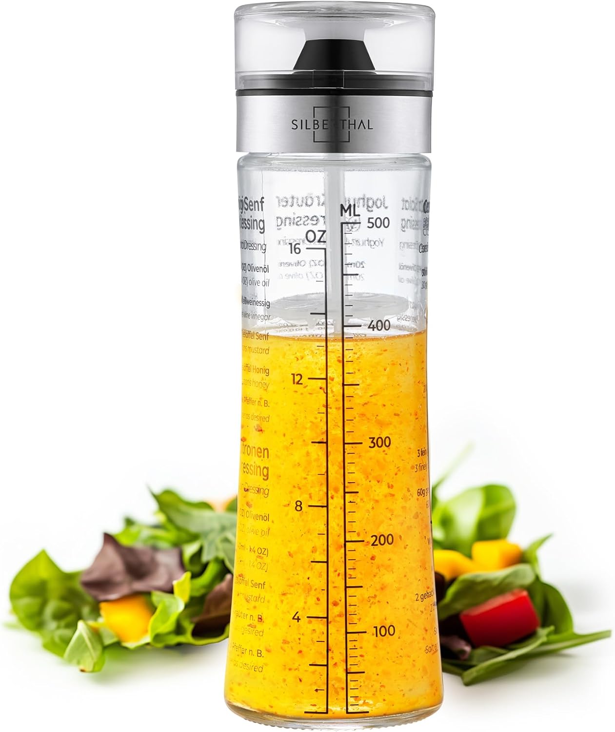 Shaker Vinaigrette En Verre Gradué 500 ml Avec 4 Recettes Et Couvercle - Bouteille À Sauce Salade - Mélangeur Assaisonnement Réutilisable - Pique-Nique Et Barbecue - Sans Goutte