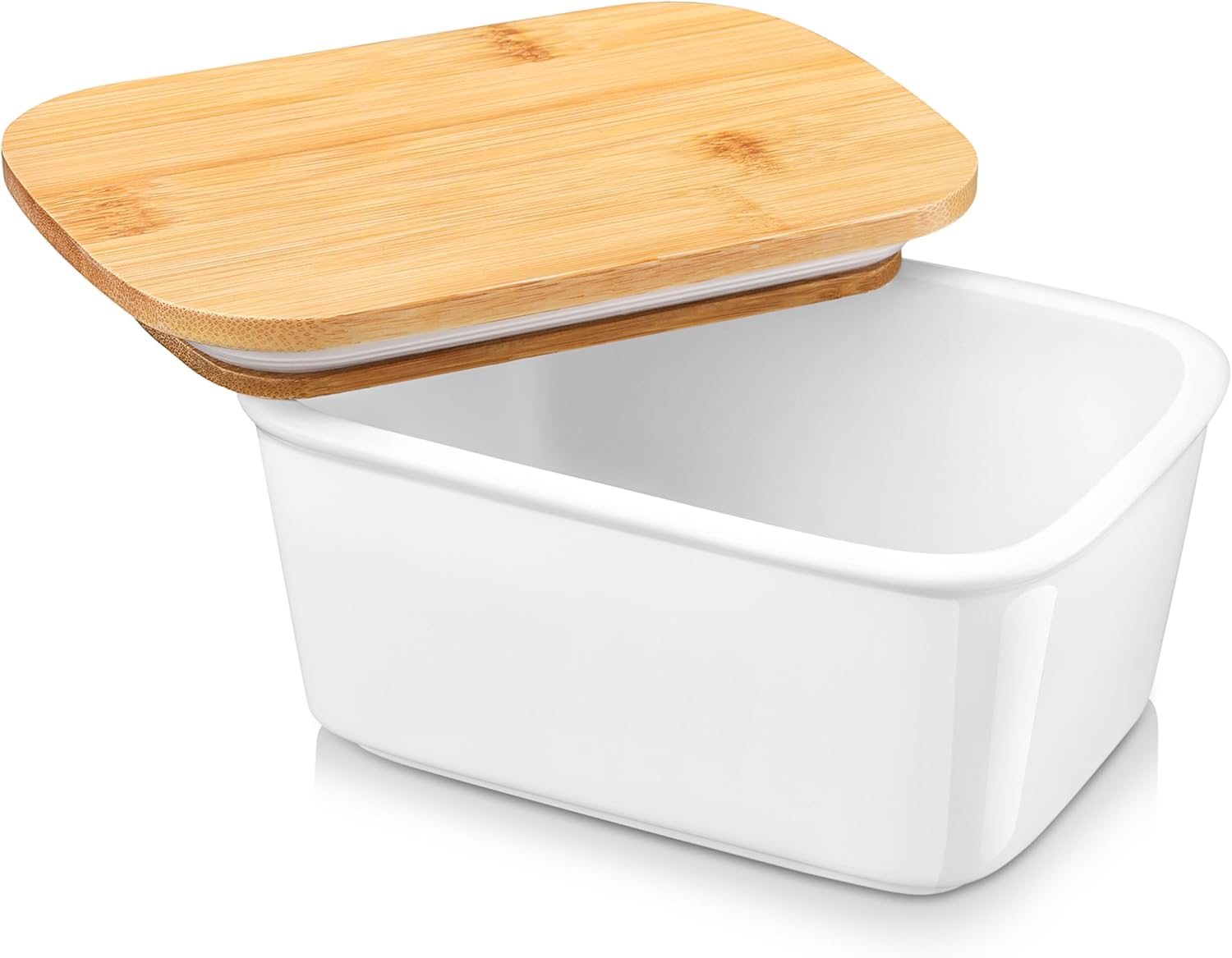 , Beurrier à Eau Breton en Porcelaine avec Couvercle en Bambou et Silicone, Haute Performance d'Étanchéité, Boîte à Beurre Tiramisu- 600ml (Blanc) Blanc 700 ml- Beurrier Boîte avec Couvercle