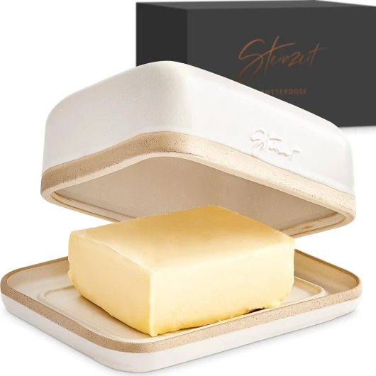 Design Beurrier - Beurrier Céramique pour Toutes les Beurres Standard (250g) - Boîte à Beurre au Design Unique - Beurrier Compatible Lave-vaisselle - Boite a Beurre pour Frigo blanc