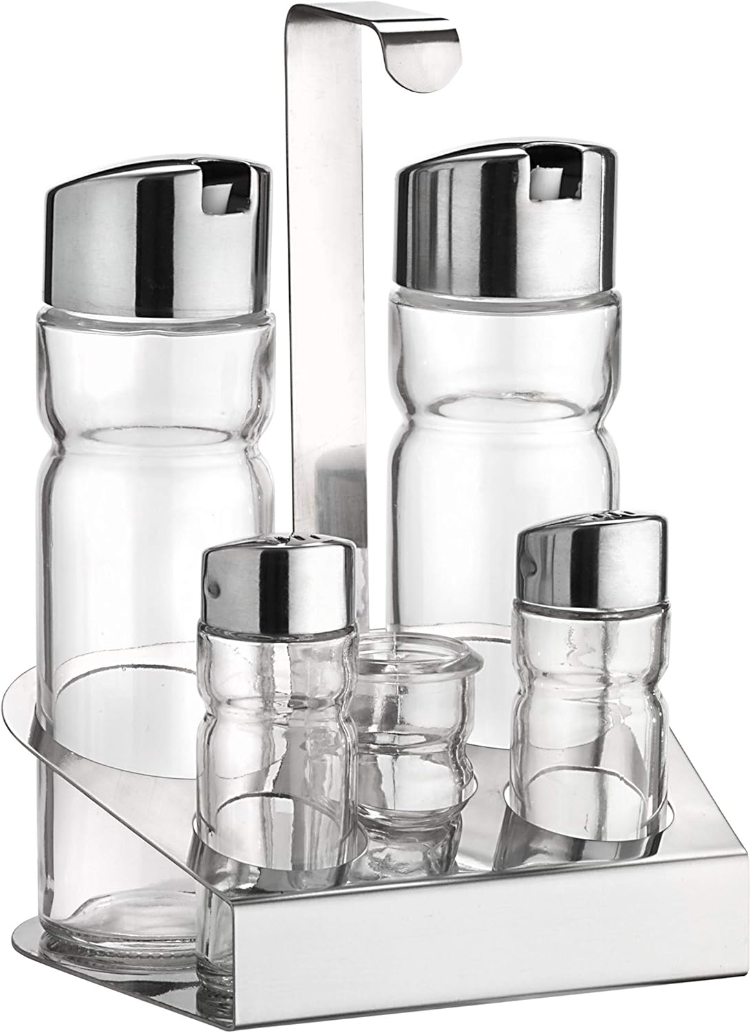 Prima Collection, Huilier 5 pièces (huile, vinaigre, sel, poivre, cure-dents), en acier inoxydable et récipients en verre avec système anti-goutte