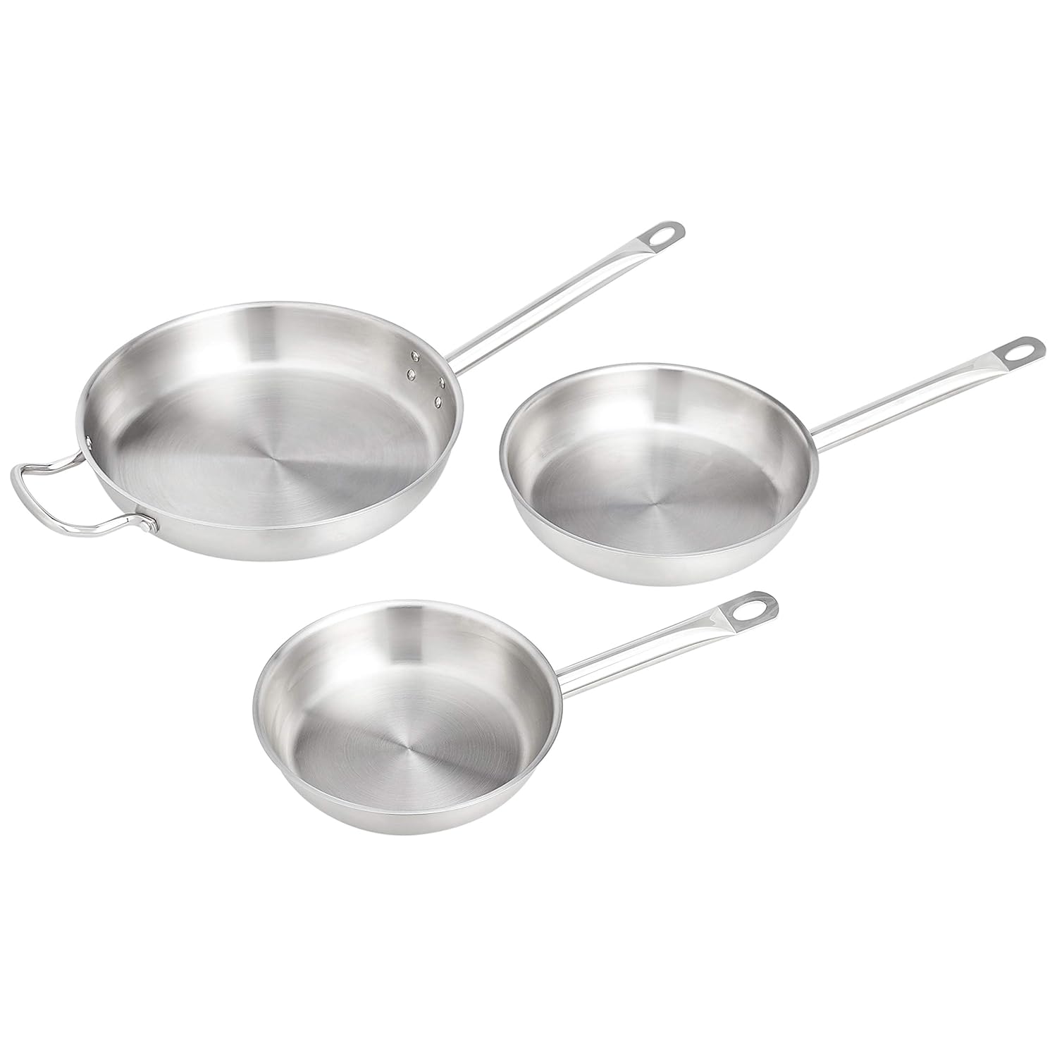 Lot de 3 poêles à frire en acier inoxydable revêtues d'aluminium, passe au four et au lave-vaisselle, poêles de 20 cm, 24 cm et 30 cm, Argenté (Anciennement marque AmazonCommercial) 20 cm, 24 cm et 30 cm Lot de 3 poêles à frire