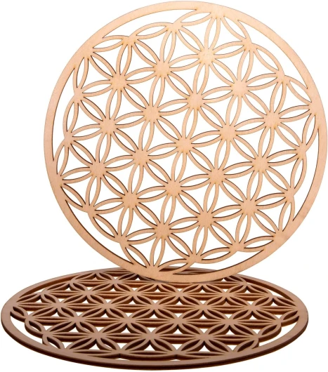 Set de 2 Dessous de Verre Bois en Bouleau 2 pièces de 20x20cm - sous-Verres en Bois et liège pour Verres à Boisson - Dessous-de-Verre pour Café et thé (Fleur de Vie Gros)