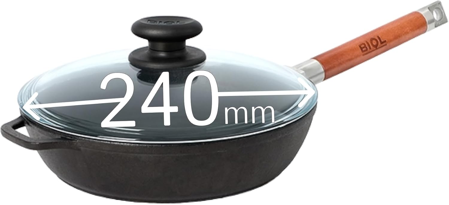 BIOL Poêle en fonte profonde avec couvercle en verre et poignée en bois amovible, 24 cm, induction, haute qualité, poêle universelle pour saisir, mijoter et cuisiner facilement