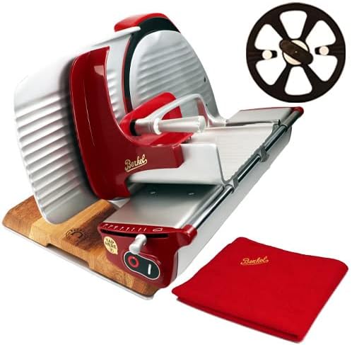 Berkel Home Line 250 Trancheuse de qualité supérieure en rouge + planche à découper assortie en bois de tonneau de vin
