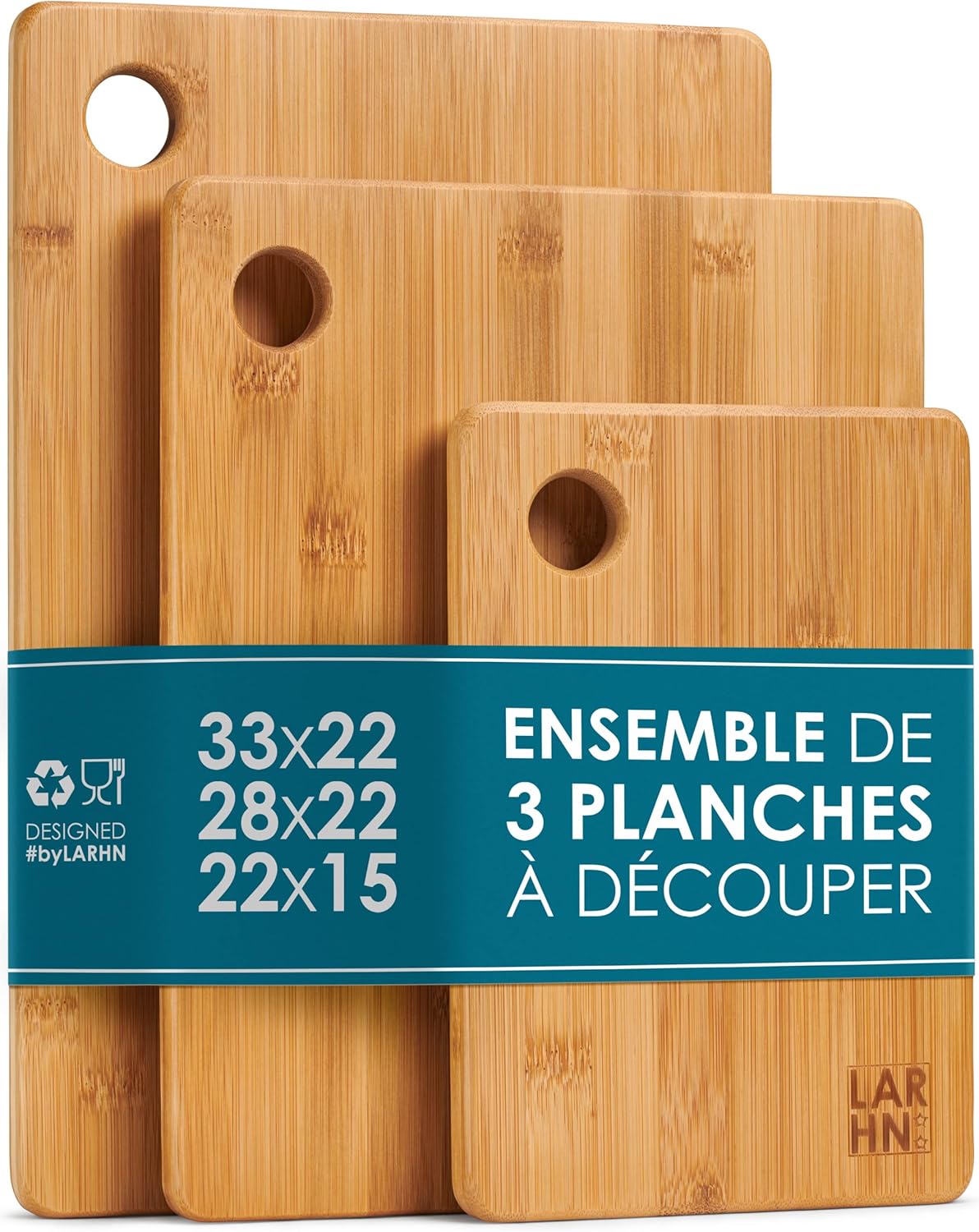 Lot de 3 Planches à Découper en Bois de Bambou - Extra Épaisses 1,5 cm - 33x22 / 28x22 / 22x15 cm - Résistantes, Faciles à Nettoyer et Douces pour les Lames