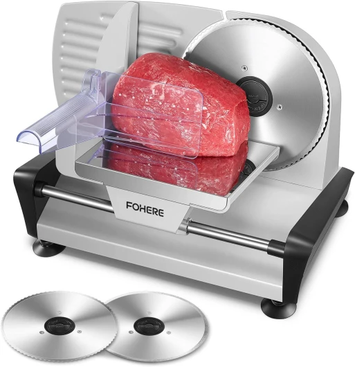 Trancheuse Electrique 200W à Jambon et Saucisson, 2 Lames Détachable de 19 cm, 0-15 d'épaisseur Précise, Commutateur de Rainure pour Utilisation Sûre, Pour Pain, Jambon, Fromage et Viande, Argent