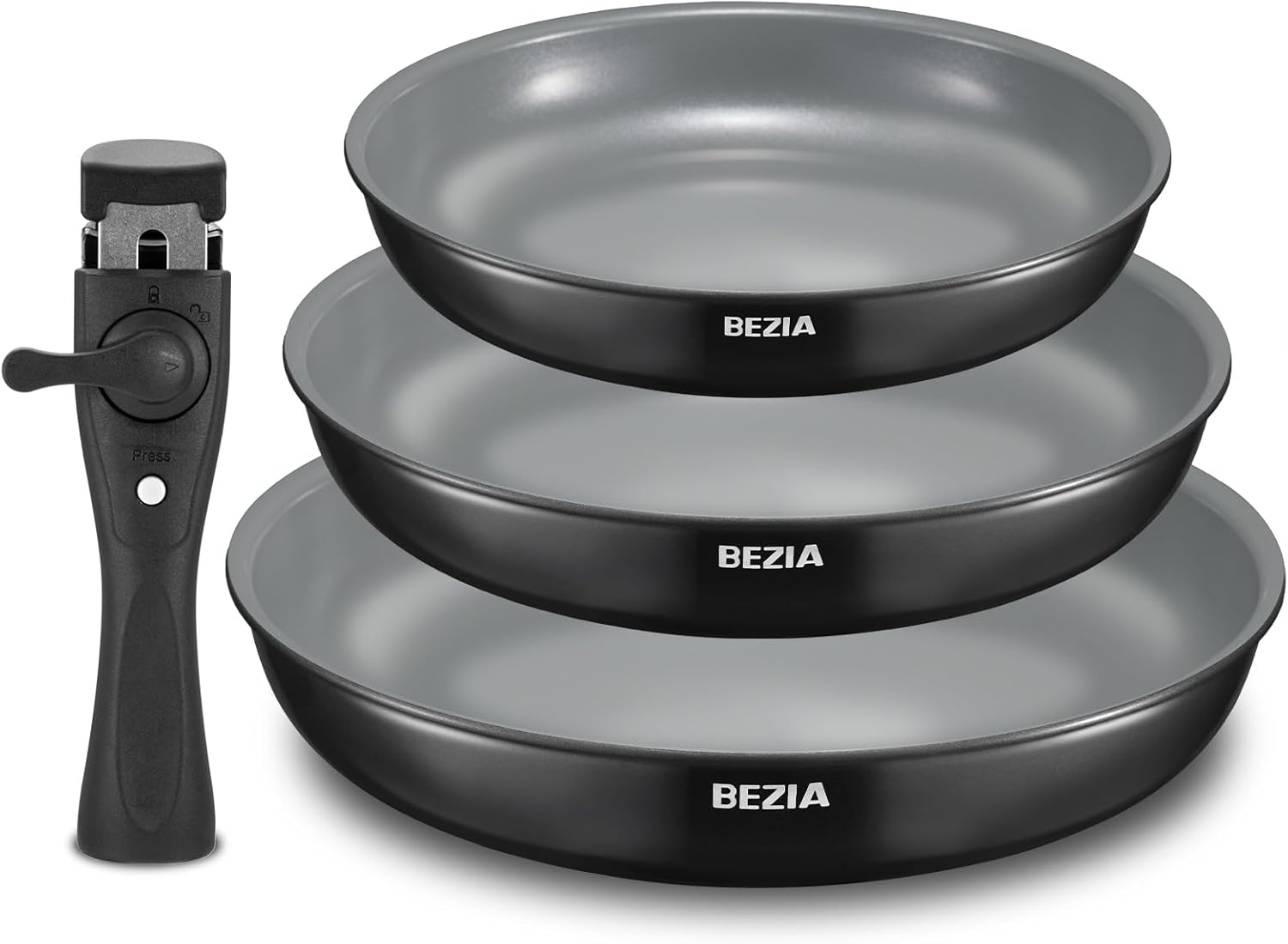 BEZIA Lot de poêles avec poignée amovible - Avec revêtement en céramique - Pour tous les types de plaques de cuisson - 20 + 24 + 28 cm - Design empilable - Passe au lave-vaisselle et au four