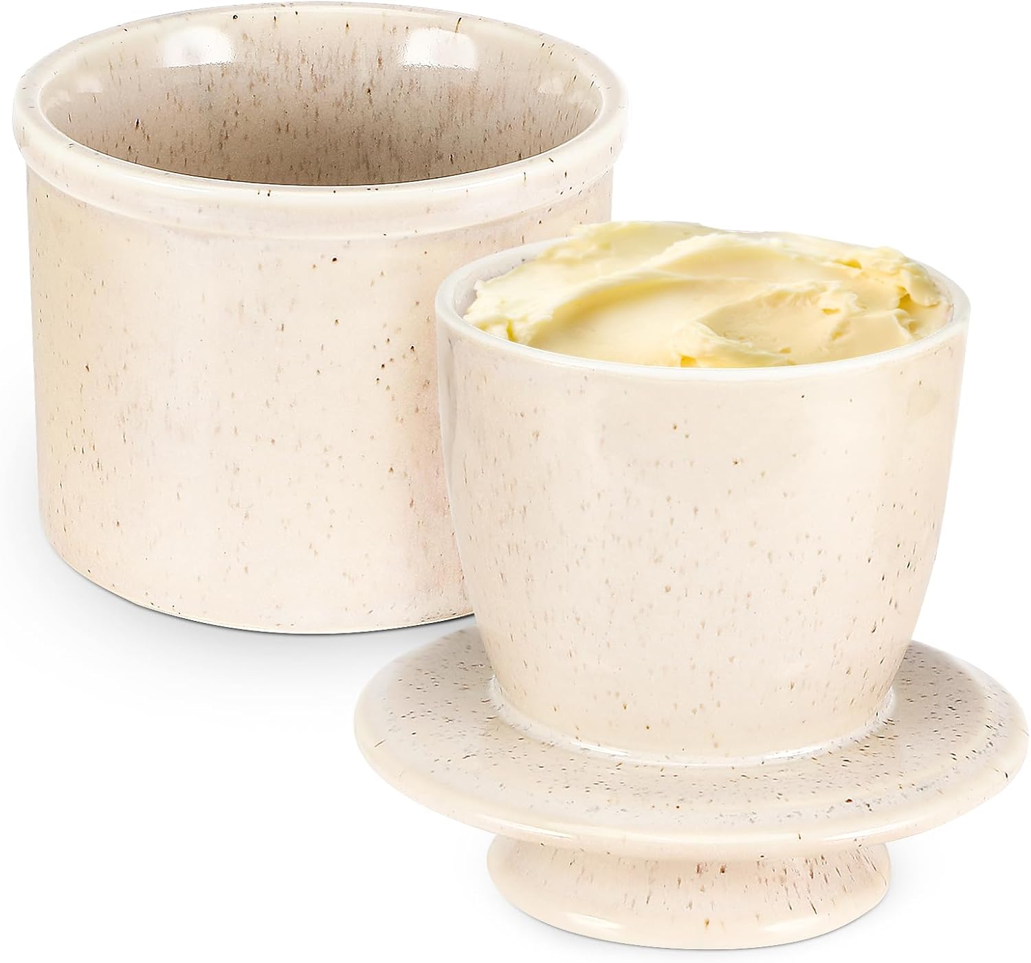 Pavlleen Beurrier en Porcelaine,Beurrier à glaçage réactif,Boîte à Beurre avec Ligne d'Eau,Pot à Beurre Français avec Couvercle,pour beurre frais à tartiner,conserver le beurre frais (Blanc)