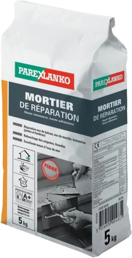 Mortier de Réparation Prêt à gâcher Fibré Réparation nez de balcon,nez de marche,huisseries Rebouchage de saignée, lézardes Haute résistance Adhérence Rattrapage Important jusqu'à 5 cm 5 kg