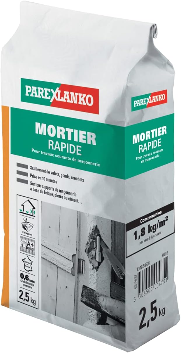 Mortier Rapide - Gris - Tous types de scellements et petites réparations - Volets, portes, fenêtres - Prise rapide - Prêt à gâcher - 2,5kg