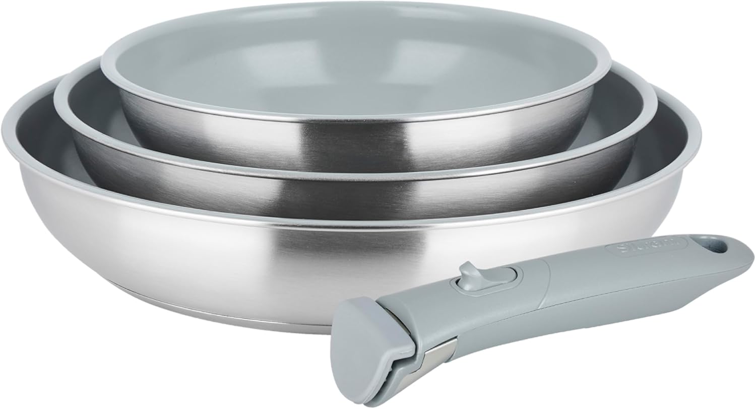 716941 Lot de 3 Poêles en Acier Inoxydable gamme ARPEGE Ø 20,24,28 cm - Revêtement Antiadhésif Sain en Céramique effet pierre - manche amovible SITRAMOVIBLE - Tous feux dont Induction Revêtement Céramique