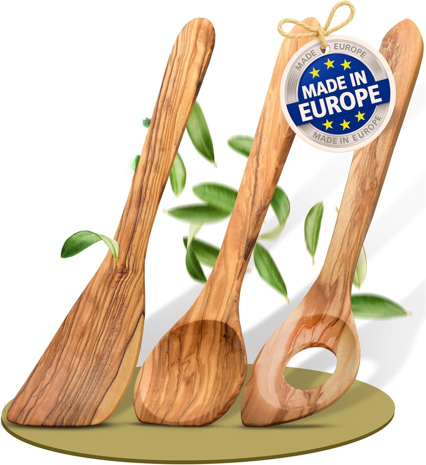 Cuillere en bois de cuisine (Lot de 3) en bois d'olivier/ustensiles de cuisine bois - spatule en bois + Cuillère à risotto + cuillère en bois/durable et fabriquée en Europe