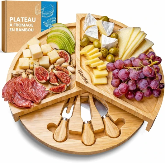 Plateau à Fromages en Bois avec Couteaux à Fromage – Plateau à Fromage en Bambou pour 2-3 Personnes – Plateau de Fromage Tournant Rotatif Pivotant – Meilleure Idée Cadeau – BlauKe