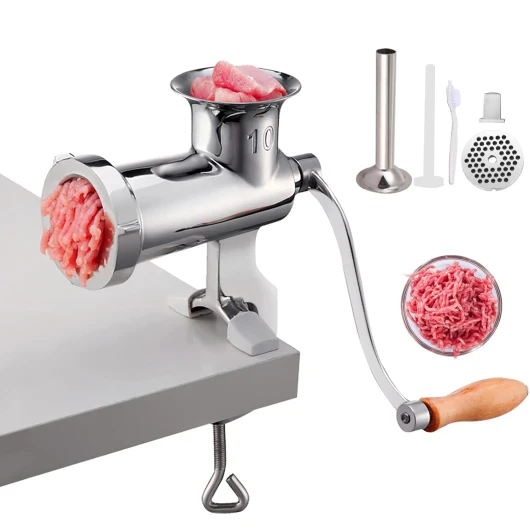 Hachoir à Viande Manuel en Inox Alimentaire Hachoir Manuel à Manivelle 2 Plaques de Broyage 5 mm 8 mm Poussoir à Saucisses avec Tube Fixation Serre-Joint Couper Viande Légumes Noix Boucheries