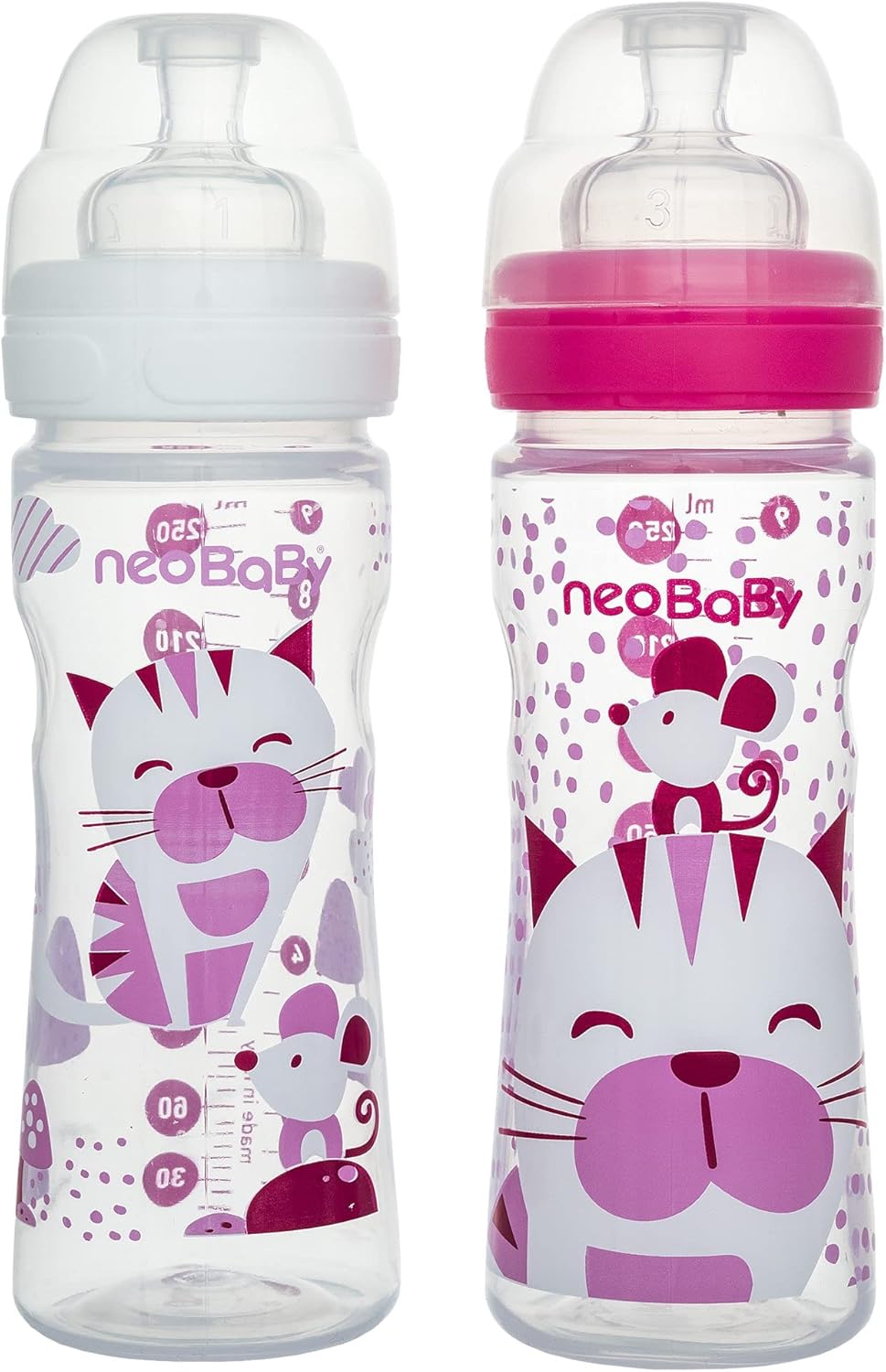 Neobaby Biberon en polypropylène col large avec tétine en silicone 250 ml, rose, flux réglable, 2 mois +, 1 pièce