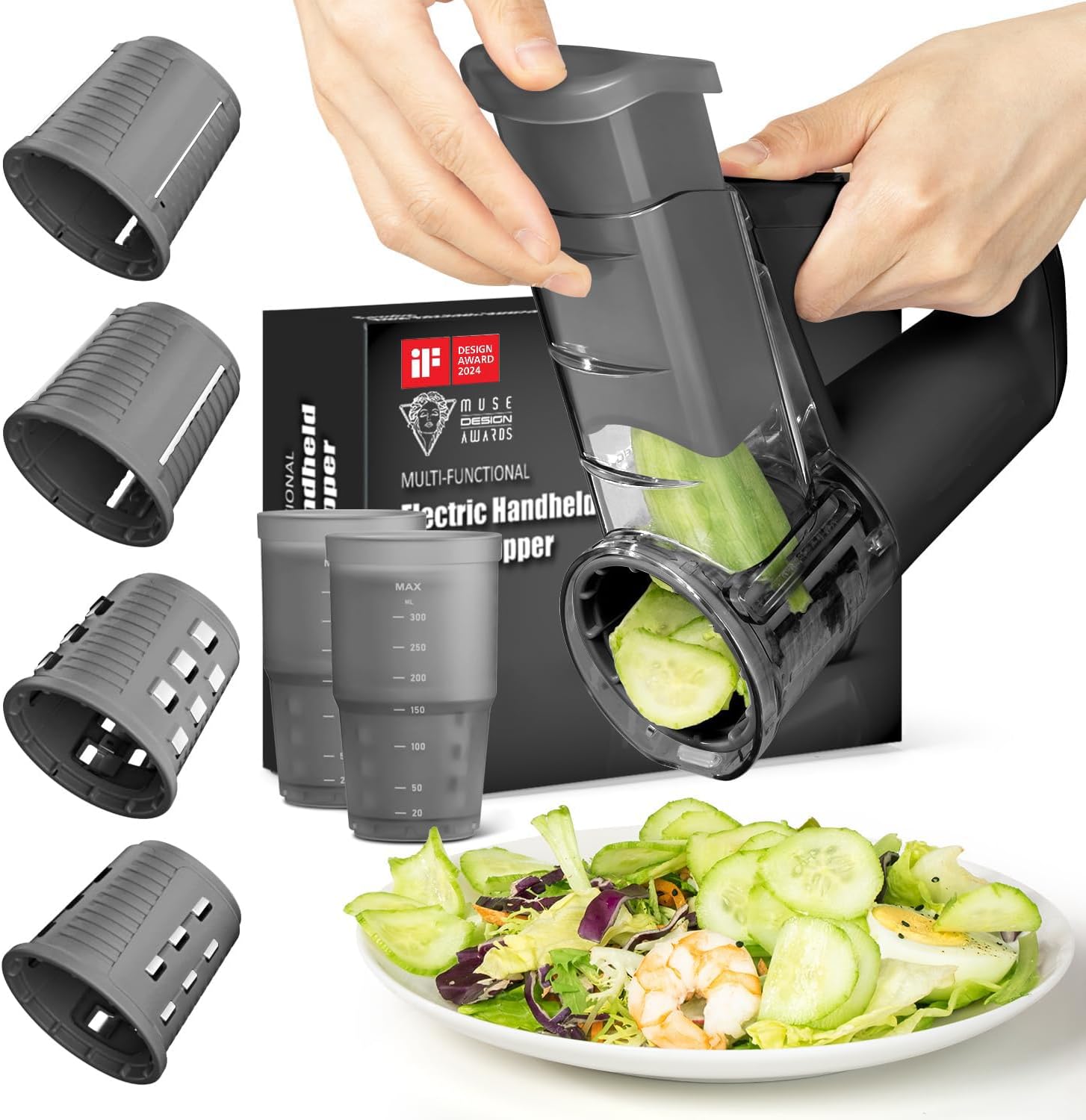 Trancheuse à légumes électrique – Coupe-salade sans fil, 4 lames interchangeables tranchage, râpage, râpe à fromage, râpe rotative à une touche, rechargeable Type-C, Noir