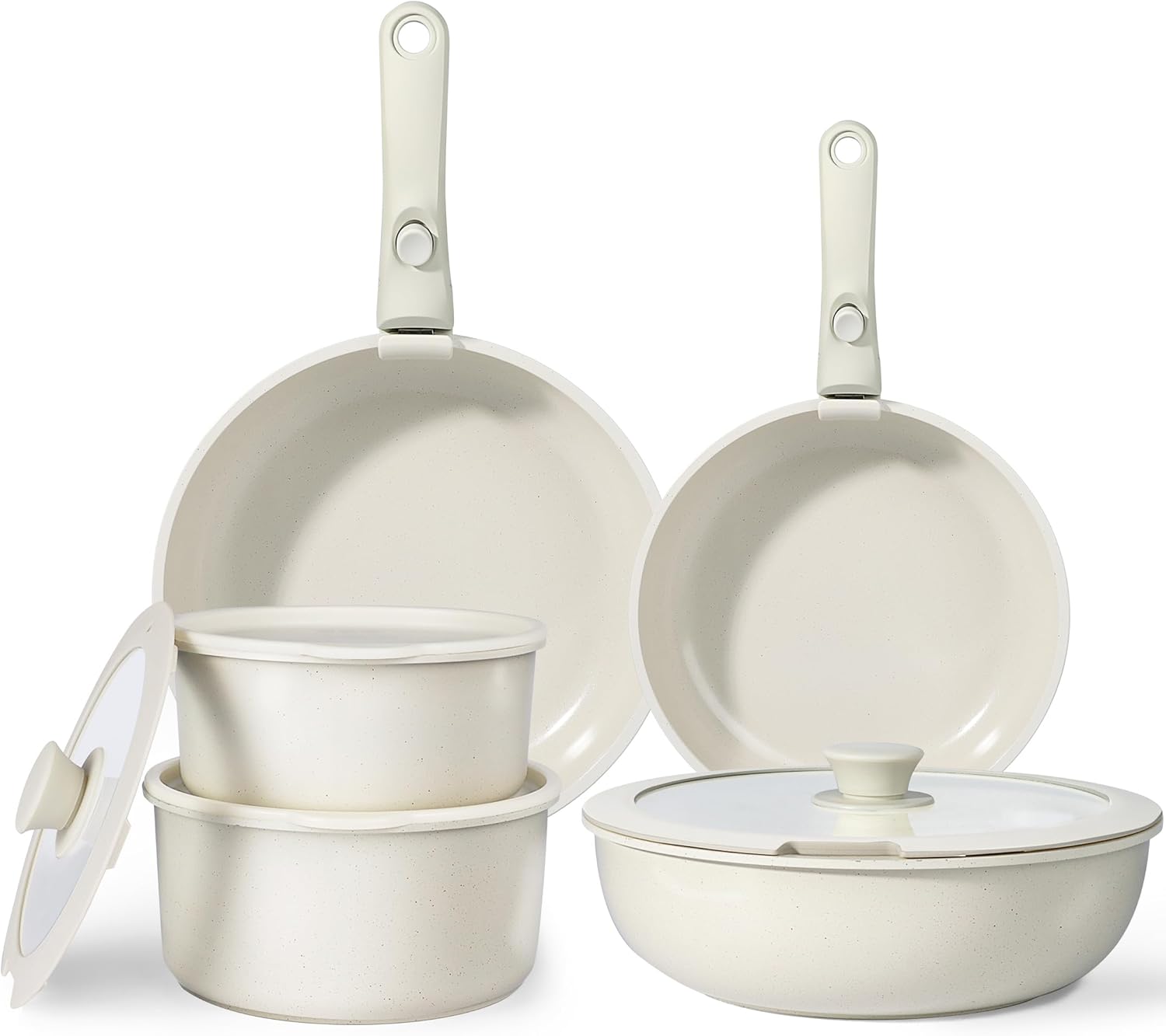 Set de Casseroles et Poêles en Céramique Antiadhésif - 11 Pièces avec Poignées Détachables, Sans Produits Toxiques, Compatible Induction, Four et Lave-vaisselle Blanc 11PCS